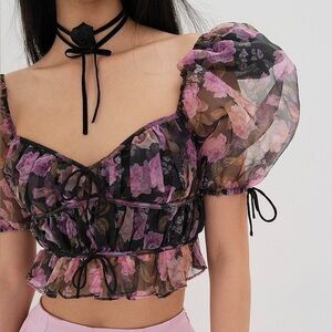 For Love & Lemons Sunshine Crop Top Sheer Smocked XS